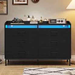 EPHEX Drawer Dresser With Acrylic LED Light, Wide Chest Of Drawers With Storage Compartment, 6 Drawer Dressers Organizer For Bedroom, Living Room, Hallway, Black