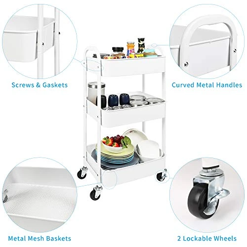 3-Tier Rolling Utility Cart With Caster Wheels,Easy Assembly, For Kitchen, Bathroom (White) 1 3-Tier Rolling Utility Cart With Caster Wheels,Easy Assembly, For Kitchen, Bathroom (White)
