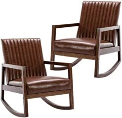 HNY Mid Century Rocking Nursery Chair With Wood Frames, Faux Leather Upholstered Farmhouse Living Room Armchair, For Living Room Bedroom, Light Brown -Songmics Furniture Shop 417gngryDgL. AC