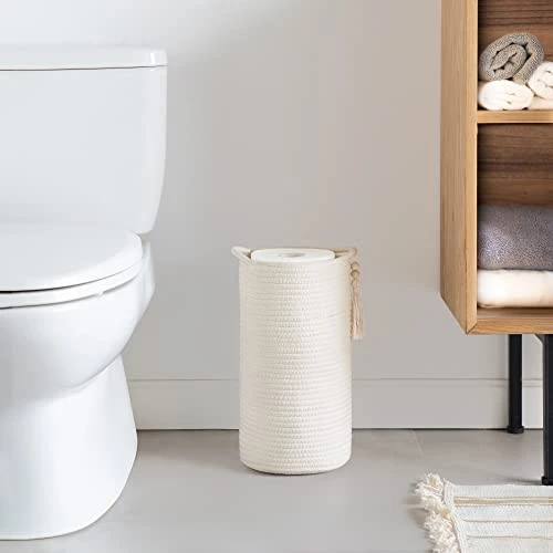 Mkono Woven Toilet Paper Holder Boho Basket For Toilet Paper Storage, Bathroom Decor Toilet Roll Holder Stand With Wooden Beads For 3 Spare Rolls, Cotton Rope Toilet Paper Organizer Basket With Handle 2 Mkono Woven Toilet Paper Holder Boho Basket For Toilet Paper Storage, Bathroom Decor Toilet Roll Holder Stand With Wooden Beads For 3 Spare Rolls, Cotton Rope Toilet Paper Organizer Basket With Handle - Image 2