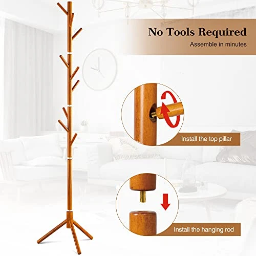 NicQliear Wooden Freestanding Coat Rack With 9 Hooks, Adjustable Coat Rack Stand 69.3" To Hang Clothes/Bags/Hats, Standing Coat Tree Perfect For Bedroom/Entryway/Hallway, Easy Assembly, Brown 2 NicQliear Wooden Freestanding Coat Rack With 9 Hooks, Adjustable Coat Rack Stand 69.3" To Hang Clothes/Bags/Hats, Standing Coat Tree Perfect For Bedroom/Entryway/Hallway, Easy Assembly, Brown - Image 2