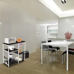 Lovinland Kitchen Baker's Rack, Microwave Oven Stand 3 Tier Kitchen Storage Shelf With Wire Basket 5 Hooks Mini Oven For Spices Utensils Metal Frame (Dark Brown) -Songmics Furniture Shop 417tDrORJnL