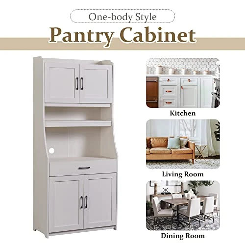 LOVMOR Kitchen Pantry Storage Cabinet, 71" One-Body Style Pantry Cabinet With Doors And Drawers, Storage Buffet With Adjustable Shelves And Drawers For Living Room, Dining Room, Antique White 4 LOVMOR Kitchen Pantry Storage Cabinet, 71" One-Body Style Pantry Cabinet With Doors And Drawers, Storage Buffet With Adjustable Shelves And Drawers For Living Room, Dining Room, Antique White - Image 4