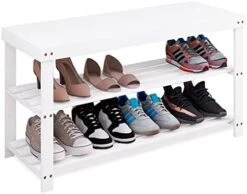 SMIBUY Bamboo Shoe Rack Bench, 3-Tier Shoe Organizer Storage Shelf For Entryway Hallway Bathroom Living Room (White) -Songmics Furniture Shop 417yxCA9auL. AC