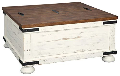 Signature Design By Ashley Wystfield Farmhouse Square Storage Coffee Table With Hinged Lift Top, Distressed White 1 Signature Design By Ashley Wystfield Farmhouse Square Storage Coffee Table With Hinged Lift Top, Distressed White