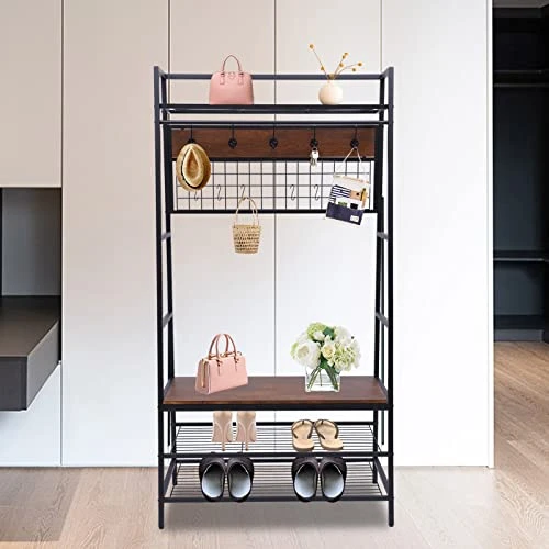 Coat Rack Shoe Bench, Hall Tree Entryway Bench With Storage, Wood Look Accent Furniture With Metal Frame, 3-in-1 Design (Brown) 6 Coat Rack Shoe Bench, Hall Tree Entryway Bench With Storage, Wood Look Accent Furniture With Metal Frame, 3-in-1 Design (Brown) - Image 6