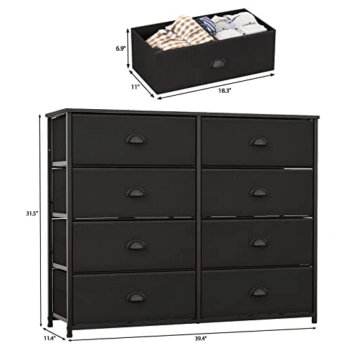Furnulem 8 Drawer Dresser Wide 40'' Long, Storage Chest Of Drawer For 50'' TV Stand, Closet, Bedroom, Nursery, Fabric Bins, Wooden Top Living Room Rustic Furniture (Black) 3 Furnulem 8 Drawer Dresser Wide 40'' Long, Storage Chest Of Drawer For 50'' TV Stand, Closet, Bedroom, Nursery, Fabric Bins, Wooden Top Living Room Rustic Furniture (Black) - Image 3