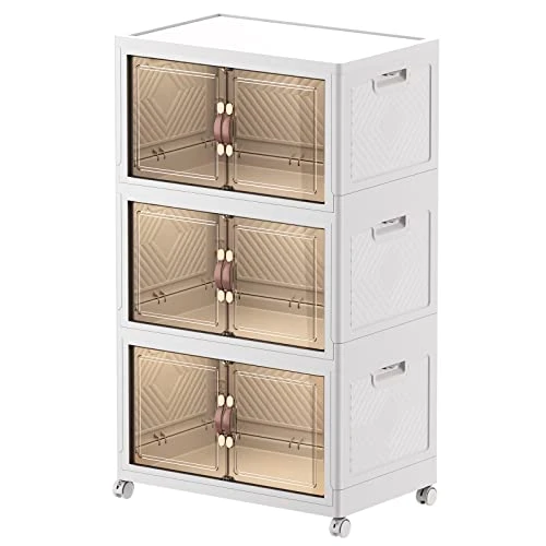 FODISU Stackable Storage Bins With Doors Collapsible Organizers And Storage, 19 Gallon Plastic Storage Bins, 3 Pack Folding Storage Cabinet, Clear Storage Containers With Wheels For Closet Organizer 1 FODISU Stackable Storage Bins With Doors Collapsible Organizers And Storage, 19 Gallon Plastic Storage Bins, 3 Pack Folding Storage Cabinet, Clear Storage Containers With Wheels For Closet Organizer