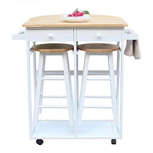 White Collapsible Kitchen Island Cart With 2 Stools - Semicircle Desk With Chairs - Solid Wood Drop Leaf Table With Handles - Foldable Kitchen Table On Wheels - Rolling Folding Table With Drawers 5 White Collapsible Kitchen Island Cart With 2 Stools - Semicircle Desk With Chairs - Solid Wood Drop Leaf Table With Handles - Foldable Kitchen Table On Wheels - Rolling Folding Table With Drawers - Image 5