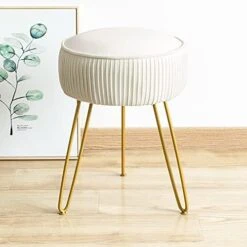 Modern Velvet Round Footstool Ottoman, Peacock Blue Velvet Ottoman Vanity Stool Foot Rest With Gold Legs, Upholstered Pleated Vanity Chair Ottoman, Makeup Stools For Vanity, Footrest For Living Room -Songmics Furniture Shop 418XEKx8tHL. AC