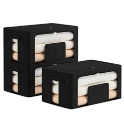FAikhom 3 Pack Stackable Storage Bins- Foldable Metal Frame Storage Box Stackable Fabric Clothes Container Organizer With Clear Window & Carry Handles (22L, Black)