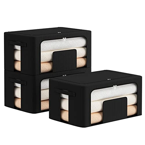 FAikhom 3 Pack Stackable Storage Bins- Foldable Metal Frame Storage Box Stackable Fabric Clothes Container Organizer With Clear Window & Carry Handles (22L, Black) 1 FAikhom 3 Pack Stackable Storage Bins- Foldable Metal Frame Storage Box Stackable Fabric Clothes Container Organizer With Clear Window & Carry Handles (22L, Black)