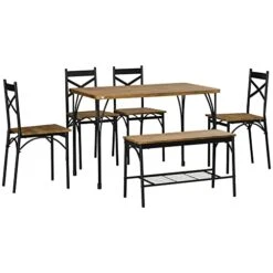 HOMCOM Industrial Dining Table Set For 6 People, 6 Piece Kitchen Table And Chairs Set, Dinner Table With Bench, Steel Frame And Storage Shelf, Dinette Set, Rustic Brown