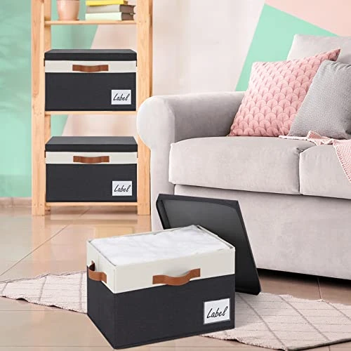 GhvyenntteS Large Storage Bins With Lids (3-Pack) Large Closet Storage Bins With Lid And 3 PU Handles, Foldable Fabric Storage Boxes With Label Window For Home Bedroom Office (Black, 15" X 11" X 9.7") 7 GhvyenntteS Large Storage Bins With Lids (3-Pack) Large Closet Storage Bins With Lid And 3 PU Handles, Foldable Fabric Storage Boxes With Label Window For Home Bedroom Office (Black, 15" X 11" X 9.7") - Image 7