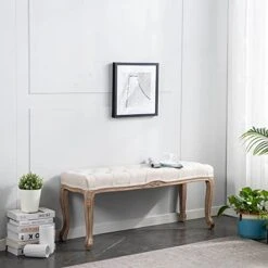 XRHOM Foot Stools Ottoman Entryway Bench Vanity Stool Shoe Bench Upholstered Dining Room Bench Foot Rest With Carved Pattern Solid Rubber Wood Legs For Bedroom, Beige -Songmics Furniture Shop 418txKMpw9L