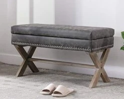 Chairus PU Leather Upholstered Storage Entryway Bench, 36 Inch Bedroom Bench Seat With X-Shaped Wood Legs For Living Room, Foyer Or Hallway - Gray
