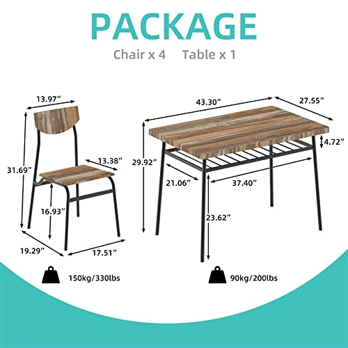 STHOUYN 43" Dinning Table Sets For 4, Industrial Rectangular Kitchen Table And Chairs Set, Metal Frame & Storage Rack, Kitchen, Dining Room, Dinette, Breakfast Small Space (Brown (5 Piece)) 3 STHOUYN 43" Dinning Table Sets For 4, Industrial Rectangular Kitchen Table And Chairs Set, Metal Frame & Storage Rack, Kitchen, Dining Room, Dinette, Breakfast Small Space (Brown (5 Piece)) - Image 3
