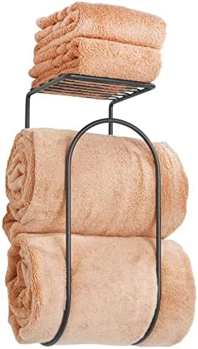 MDesign Modern Metal Wire Wall Mount Towel Rack Holder And Organizer With Storage Shelf - For Bathroom Towels, Washcloths, Hand Towels - Decorative Curved Design - Satin 7 MDesign Modern Metal Wire Wall Mount Towel Rack Holder And Organizer With Storage Shelf - For Bathroom Towels, Washcloths, Hand Towels - Decorative Curved Design - Satin - Image 7