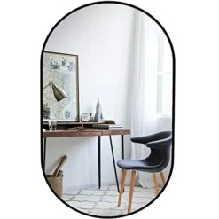 Black Oval Bathroom Mirror,17''x30'' Vanity Wall Mirror, Aluminum Thin Framed Mirror For Bathroom,Decorative Pill Shaped Mirror,Pre-Install Hooks,Durable Wood Backboard,Vertical & Horizontal Hanging