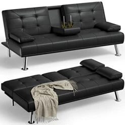 YESHOMY Futon Sofa Bed Modern Faux Leather Convertible Folding Lounge Couch For Living Room With 2 Cup Holders, Removable Soft Armrest And Sturdy Metal Leg, Black
