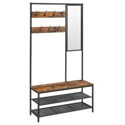 VASAGLE Coat Rack Shoe Bench With Mirror, Hall Tree With Bench And Shoe Storage Shelves, 13.8 X 38.6 X 70.9 In, Bedroom Living Room, Industrial Style, Rustic Brown And Black UHSR415B01