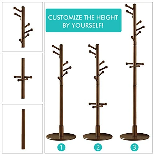 Vlush Sturdy Wooden Coat Rack Stand, Entryway Hall Tree Coat Tree With Solid Round Base For Hat,Clothes,Purse,Scarves,Handbags,Umbrella-(Dark Brown, 11 Hooks) 4 Vlush Sturdy Wooden Coat Rack Stand, Entryway Hall Tree Coat Tree With Solid Round Base For Hat,Clothes,Purse,Scarves,Handbags,Umbrella-(Dark Brown, 11 Hooks) - Image 4