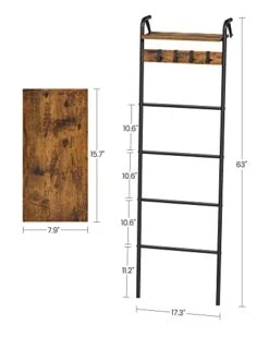 VASAGLE Blanket Ladder Shelf, Blanket Holder Rack For Living Room, Decorative Ladder With Removable Hooks, Top Storage Shelf, Metal Frame, Rustic Brown And Black ULLS017B01 -Songmics Furniture Shop 41A7TRgjEqL