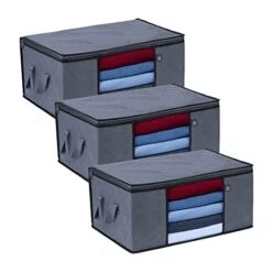 VENO 3 Pack Large Clothes Storage Bag Organizer With Reinforced Handle Thick Fabric For Comforters, Blankets, Bedding, Foldable With Sturdy Zipper, Clear Window, Grey, Reusable And Sustainable (13.3 Gallon)