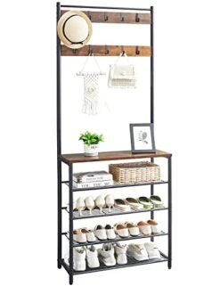 VIMBER Coat Rack With Storage Bench, Hall Tree With Shoe Rack For Entryway, Industrial 5-Tier Coat Tree With Shoe Storage Organizer And 10 Hooks, 3-in-1 Entryway Bench, Rustic Brown UKXJ001