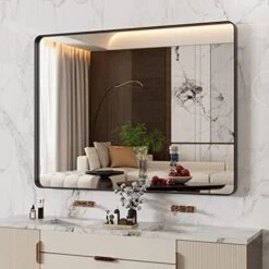 WEER 22X30 Inch Black Metal Framed Bathroom Mirror, Matte Black Bathroom Vanity Mirror, Rectangular Black Wall Mirror For Bathroom, Tempered Glass, Rounded Corner, Hangs Horizontal Or Vertical -Songmics Furniture Shop 41AUU5hNoL. AC