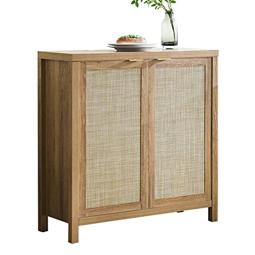 SICOTAS Sideboard Buffet Rattan Storage Cabinet - Farmhouse Kitchen Cabinet With Rattan Decorated Doors - Boho Accent Liquor Coffee Bar Cabinet - Cupboard Console Table For Dining Room Bar - Natural 1 SICOTAS Sideboard Buffet Rattan Storage Cabinet - Farmhouse Kitchen Cabinet With Rattan Decorated Doors - Boho Accent Liquor Coffee Bar Cabinet - Cupboard Console Table For Dining Room Bar - Natural