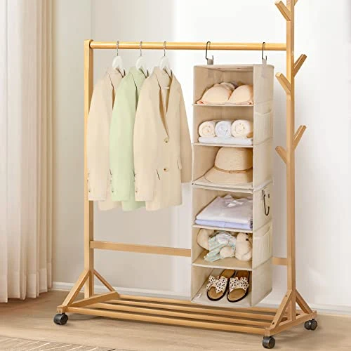 TOPIA HOME 6-Shelf Hanging Closet Organizer, Two Separable 3-Tier Thickened Fabric Hanging Closet Shelves With Mesh Pockets, Collapsible Closet Organizers And Storage Organization, Beige 1 TOPIA HOME 6-Shelf Hanging Closet Organizer, Two Separable 3-Tier Thickened Fabric Hanging Closet Shelves With Mesh Pockets, Collapsible Closet Organizers And Storage Organization, Beige