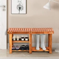 Giantex 2-Tier Shoe Bench Entryway Shoe Rack With Seat, Wood Organizer For Hallway, Bathroom, Living Room, Corridor Storage Shelf 350 Lb Weight Capacity (Teak Color) -Songmics Furniture Shop 41AmO4E1yuL