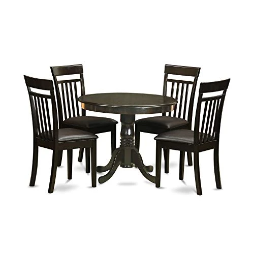 East West Furniture Wooden Dining Table Set- 4 Great Dining Room Chairs - A Lovely Round Dining Table- Faux Leather Seat And Cappuccino Finish Round Wooden Table 2 East West Furniture Wooden Dining Table Set- 4 Great Dining Room Chairs - A Lovely Round Dining Table- Faux Leather Seat And Cappuccino Finish Round Wooden Table - Image 2