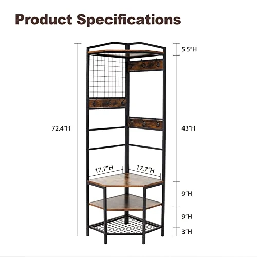 Corner Hall Tree, Entryway Coat Rack With 6 Hooks And Shoe Storage, Freestanding Hallway Storage Shelf Organizer, Vintage Multifunctional Clothes Rack For Home Office Bedroom 4 Corner Hall Tree, Entryway Coat Rack With 6 Hooks And Shoe Storage, Freestanding Hallway Storage Shelf Organizer, Vintage Multifunctional Clothes Rack For Home Office Bedroom - Image 4
