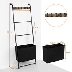 Vrisa Blanket Ladder Wall Leaning 5-Tier Metal Blanket Holder With Shelf Blanket Holder With Storage Basket Ladder Rack With 5 Hanging Hooks For Bathroom Living Room Bedroom Rustic Brown -Songmics Furniture Shop 41BKd0fipsL