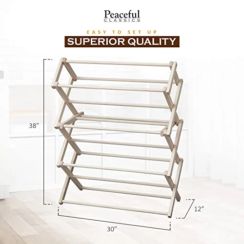 Peaceful Classics Wooden Laundry Rack - Amish Handmade Wooden Clothes Drying Rack - Foldable Drying Rack For Towel, Blanket, Linen Household Essentials - For Indoor Or Outdoor Use (38" X 30" X 13") 2 Peaceful Classics Wooden Laundry Rack - Amish Handmade Wooden Clothes Drying Rack - Foldable Drying Rack For Towel, Blanket, Linen Household Essentials - For Indoor Or Outdoor Use (38" X 30" X 13") - Image 2