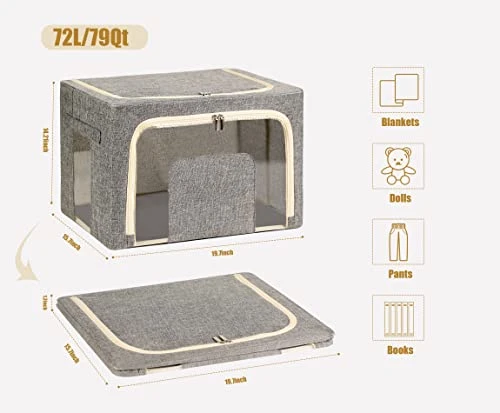 Furnhome 3 Pack Clothes Storage Organizer, Large Storage Bins For Closet, Foldable Clothing Storage Bins For Shelves With Zippers & Clear Window & Reinforced Handles-72L, Grey. 3 Furnhome 3 Pack Clothes Storage Organizer, Large Storage Bins For Closet, Foldable Clothing Storage Bins For Shelves With Zippers & Clear Window & Reinforced Handles-72L, Grey. - Image 3