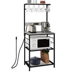 GiftGo Kitchen Bakers Rack With Power Outlet, Coffee Bar Table 4 Tiers, Kitchen Microwave Stand Multifunctional Kitchen Storage Shelf Rack For Spices, Pots And Pans (Grey)