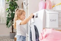 Mount Delectable Magnetic Lint Bin For Laundry Room Metal Wall Mounted Trash Can With Lid For Dryer – Farmhouse Style Laundry Storage And Organization – (White)