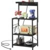 Topfurny Baker‘s Rack With Power Outlet, Microwave Stand Kitchen Storage Shelf, Kitchen Organizer Rack With 5 Hooks, Industrial Coffee Bar Table For Kitchens With Storage, Black