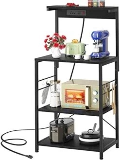 Topfurny Baker‘s Rack With Power Outlet, Microwave Stand Kitchen Storage Shelf, Kitchen Organizer Rack With 5 Hooks, Industrial Coffee Bar Table For Kitchens With Storage, Black -Songmics Furniture Shop 41BcIick8YL. AC