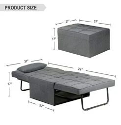 JOYHOM Folding Ottoman Sofa Bed, Convertible Chair 4 In 1 Multi-Function Modern Breathable Linen Guest Bed With 5 Position Adjustable Backrest (Light Grey)