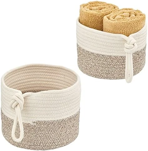 MDesign Casual Round Woven Cotton Rope Bathroom Basket With Tie Handles - Storage Organizer Set For Countertop, Floor, Closet Or Vanity, Holds Toilet Paper, Towels, Or Magazines, Set Of 2, White/Brown 6 MDesign Casual Round Woven Cotton Rope Bathroom Basket With Tie Handles - Storage Organizer Set For Countertop, Floor, Closet Or Vanity, Holds Toilet Paper, Towels, Or Magazines, Set Of 2, White/Brown - Image 6