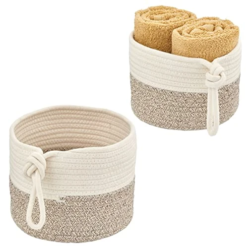 MDesign Casual Round Woven Cotton Rope Bathroom Basket With Tie Handles - Storage Organizer Set For Countertop, Floor, Closet Or Vanity, Holds Toilet Paper, Towels, Or Magazines, Set Of 2, White/Brown 1 MDesign Casual Round Woven Cotton Rope Bathroom Basket With Tie Handles - Storage Organizer Set For Countertop, Floor, Closet Or Vanity, Holds Toilet Paper, Towels, Or Magazines, Set Of 2, White/Brown