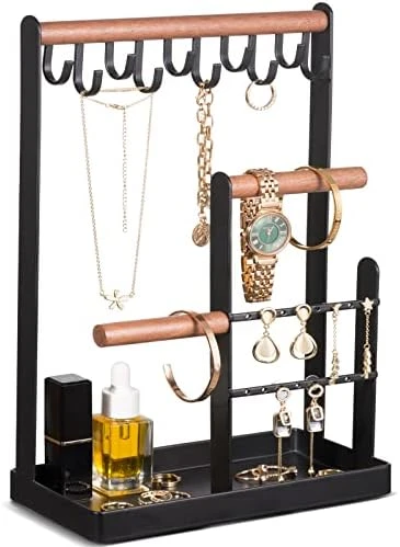 ProCase Jewelry Organizer Stand Holder, 4-Tier Tower Rack With Earring Tray And Holes, 10 Hooks Necklaces Hanging Storage Tree Display For Bracelets Watches Earrings Rings -Black 5 ProCase Jewelry Organizer Stand Holder, 4-Tier Tower Rack With Earring Tray And Holes, 10 Hooks Necklaces Hanging Storage Tree Display For Bracelets Watches Earrings Rings -Black - Image 5
