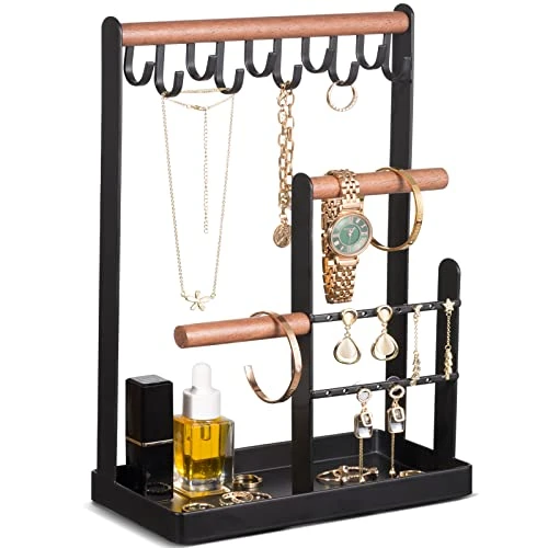 ProCase Jewelry Organizer Stand Holder, 4-Tier Tower Rack With Earring Tray And Holes, 10 Hooks Necklaces Hanging Storage Tree Display For Bracelets Watches Earrings Rings -Black 1 ProCase Jewelry Organizer Stand Holder, 4-Tier Tower Rack With Earring Tray And Holes, 10 Hooks Necklaces Hanging Storage Tree Display For Bracelets Watches Earrings Rings -Black