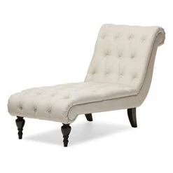 Baxton Studio Layla Mid-century Modern Light Beige Fabric Upholstered Button-tufted Chaise Lounge, Cream