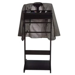 Veemuaro Portable Garment Rack, Wood Suit Valet Stand Clothes Rack, Suit Wardrobe Valet Stand With Clothes Hanger And Pants Rail Tie & Belt Hook And Shoe Rack (Black) -Songmics Furniture Shop 41C7SEP3wnL