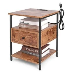 Living Room End Table With Charging Station For Small Space, Sofa Couch Bedside Nightstand With USB Ports & Outlets, Slim Storage Side Table With Drawer Shelf For Bedroom, Rustic Brown